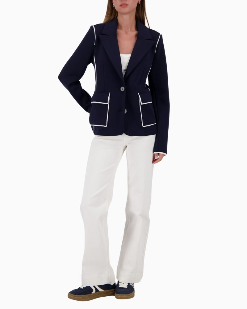 Woman wearing Monari sweat blazer navy styled smart casually – Áines Boutique