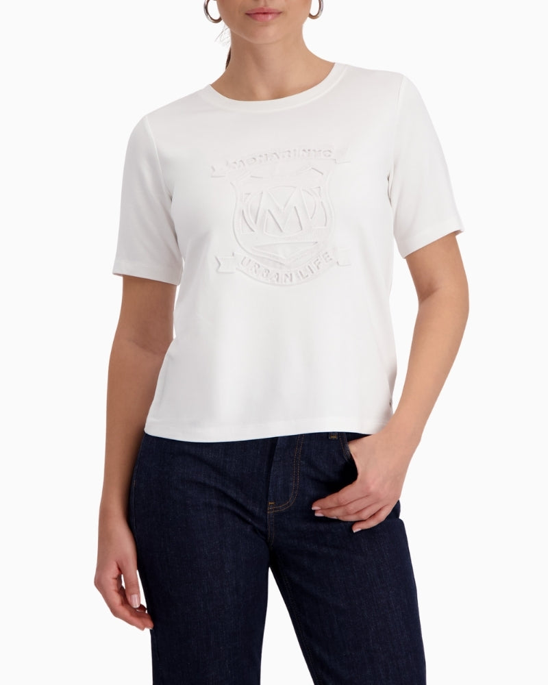 Monari T-shirt with emblem off white front view laid flat – Áines Boutique