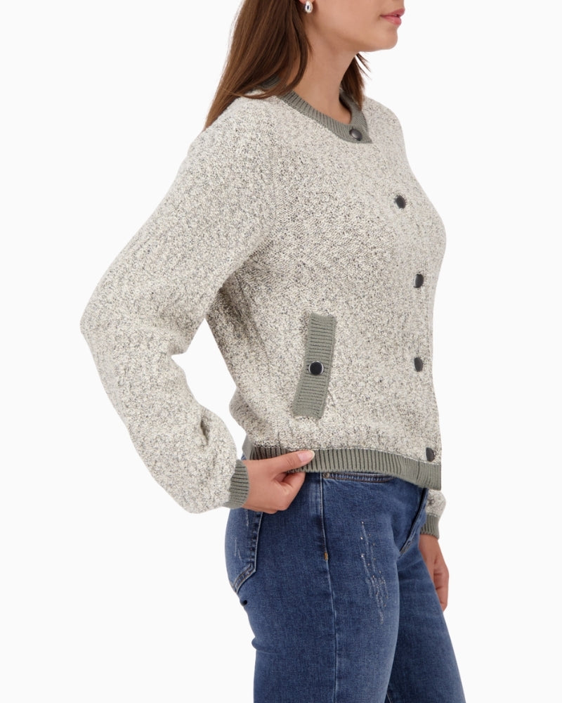 Side view of elegant Monari jacket showing subtle metallic threads