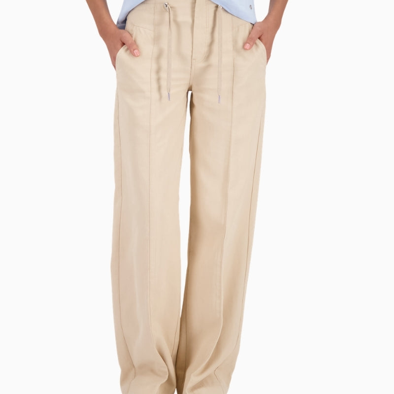 Monari wide leg drawstring trousers lightweight denim-look, woman wearing front view – Áines Boutique