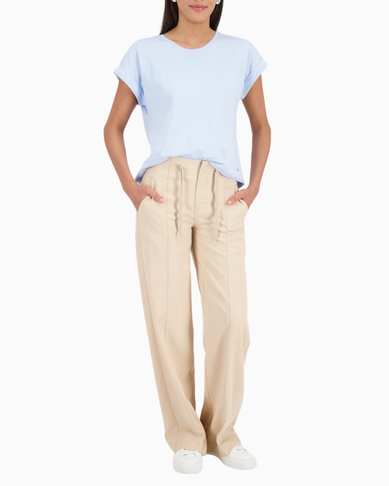 Monari wide leg drawstring trousers lightweight denim-look, woman wearing front view – Áines Boutique