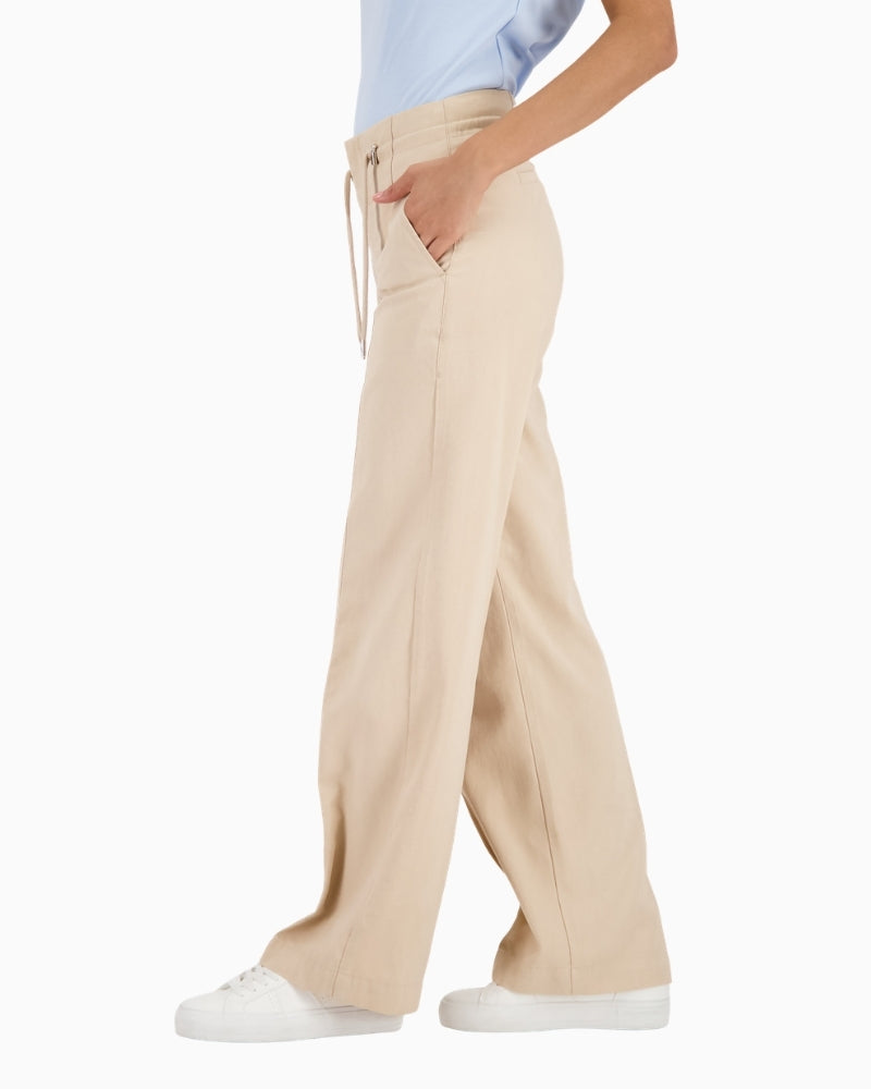 Monari wide leg drawstring trousers lightweight denim-look, woman wearing side view – Áines Boutique