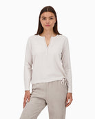 Monari beige blouse with satin front and rhinestone detail at neckline