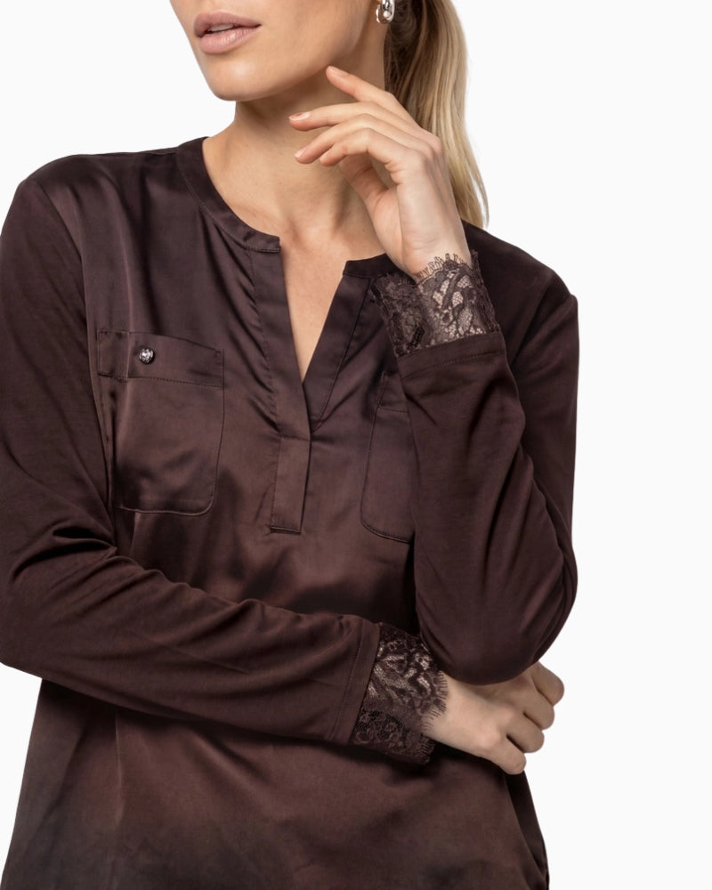 Monari Blouse in dark brown lace-trimmed sleeve detail