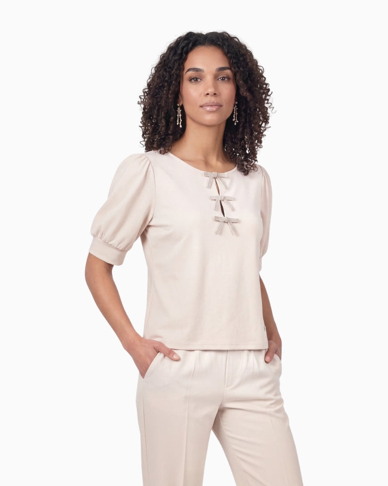 Monari Bow Detail Sweatshirt in Cream front view