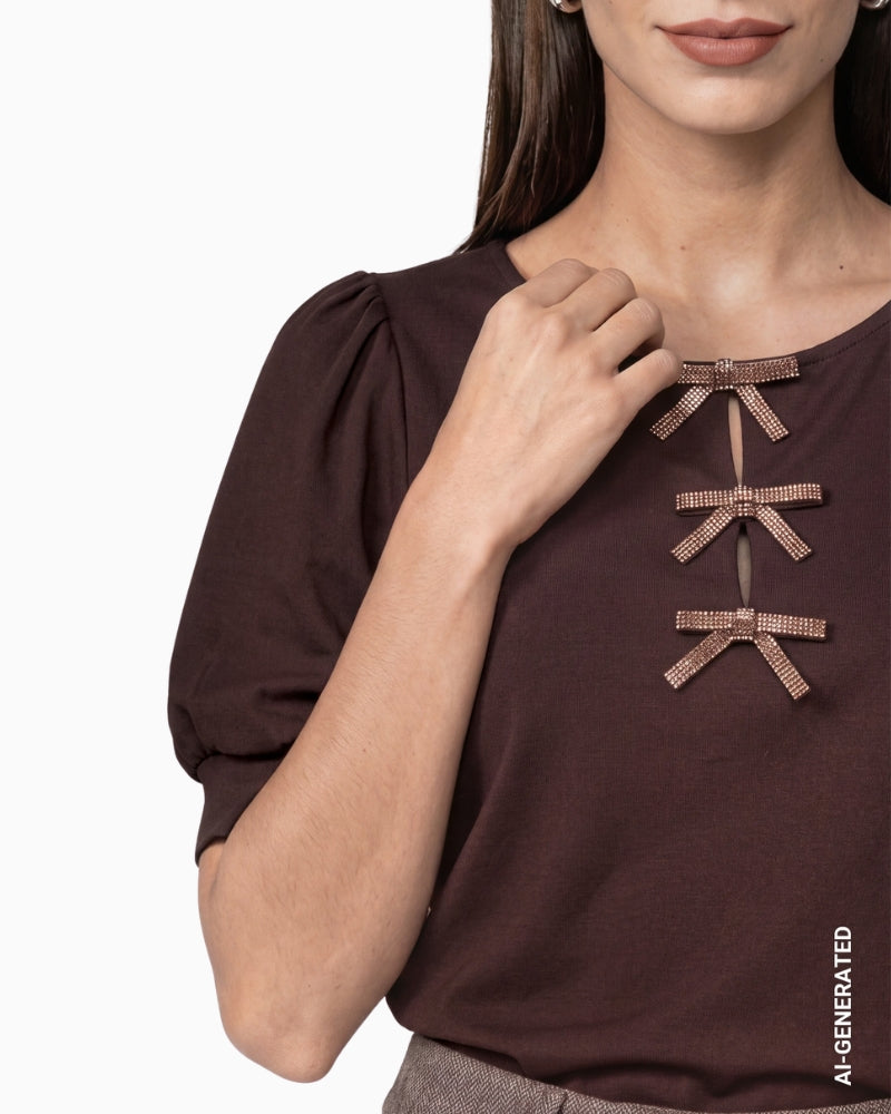 Monari Bow Detail Sweatshirt in Dark Brown close-up of decorative bow