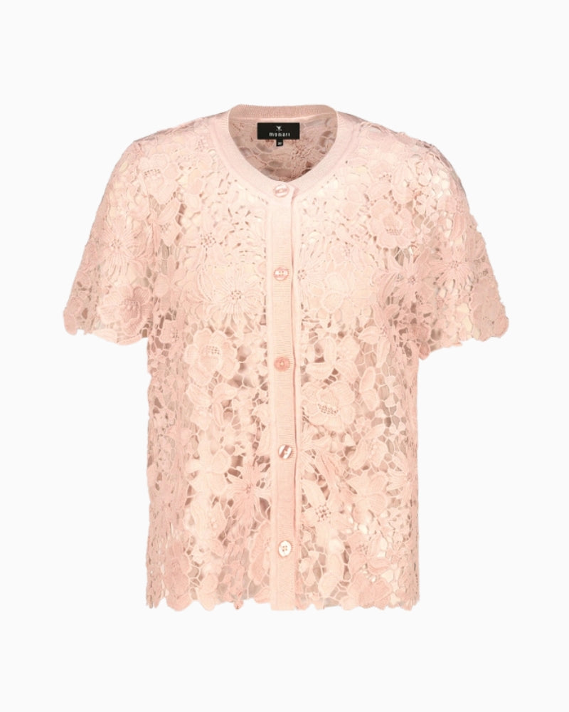 Monari Cardigan with Lace in peach floral lace detail