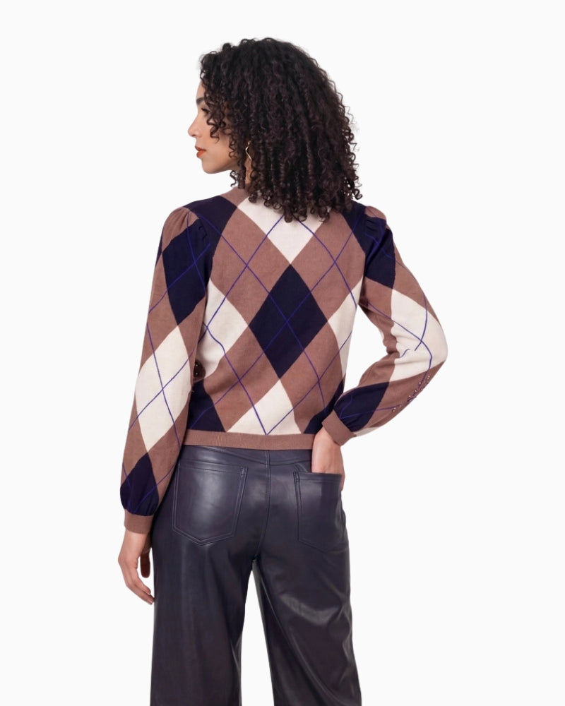 Monari Check Jacquard Jumper in light brown back view