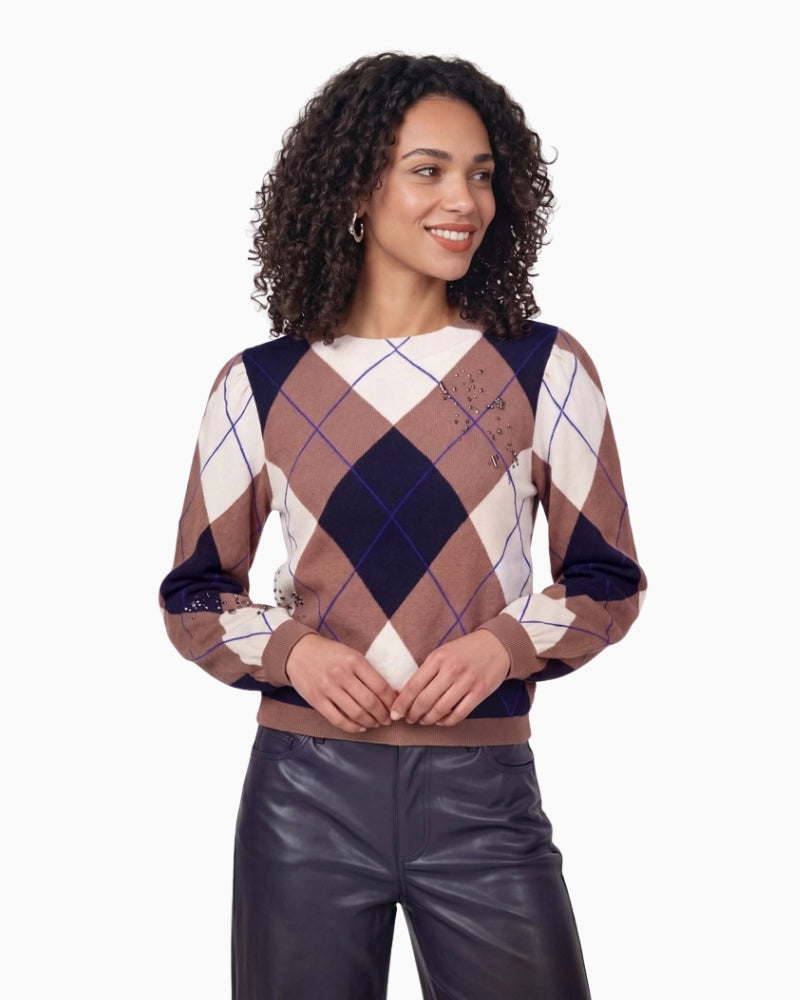 Monari Check Jacquard Jumper in light brown front view