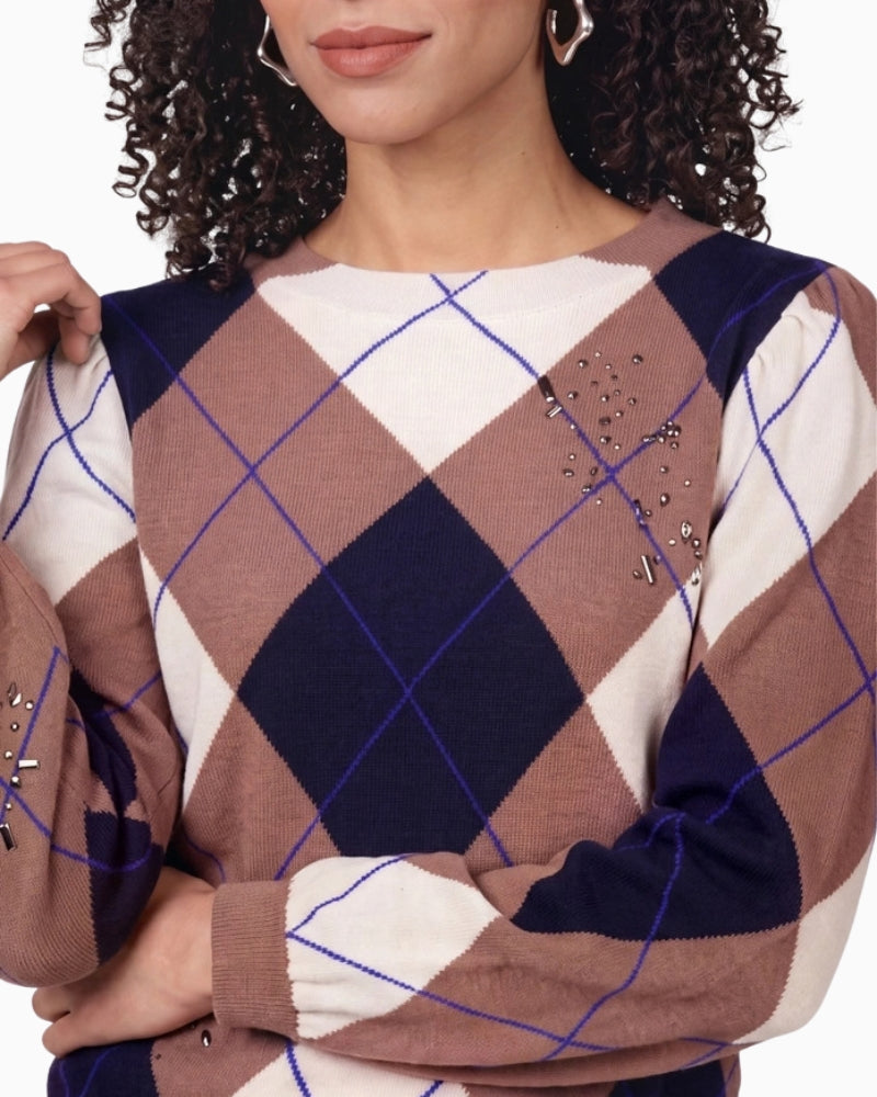 Monari Check Jacquard Jumper in light brown rhinestone detail