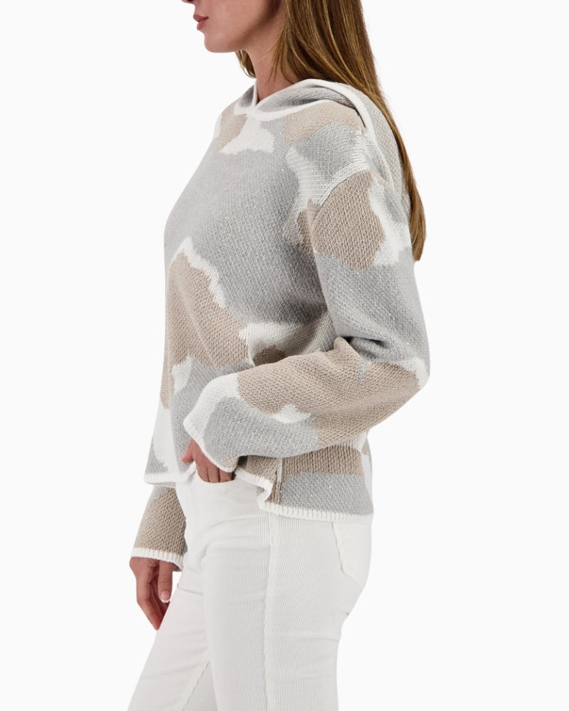 Monari knit sweater with cloud pattern side view showing hood – Áines Boutique