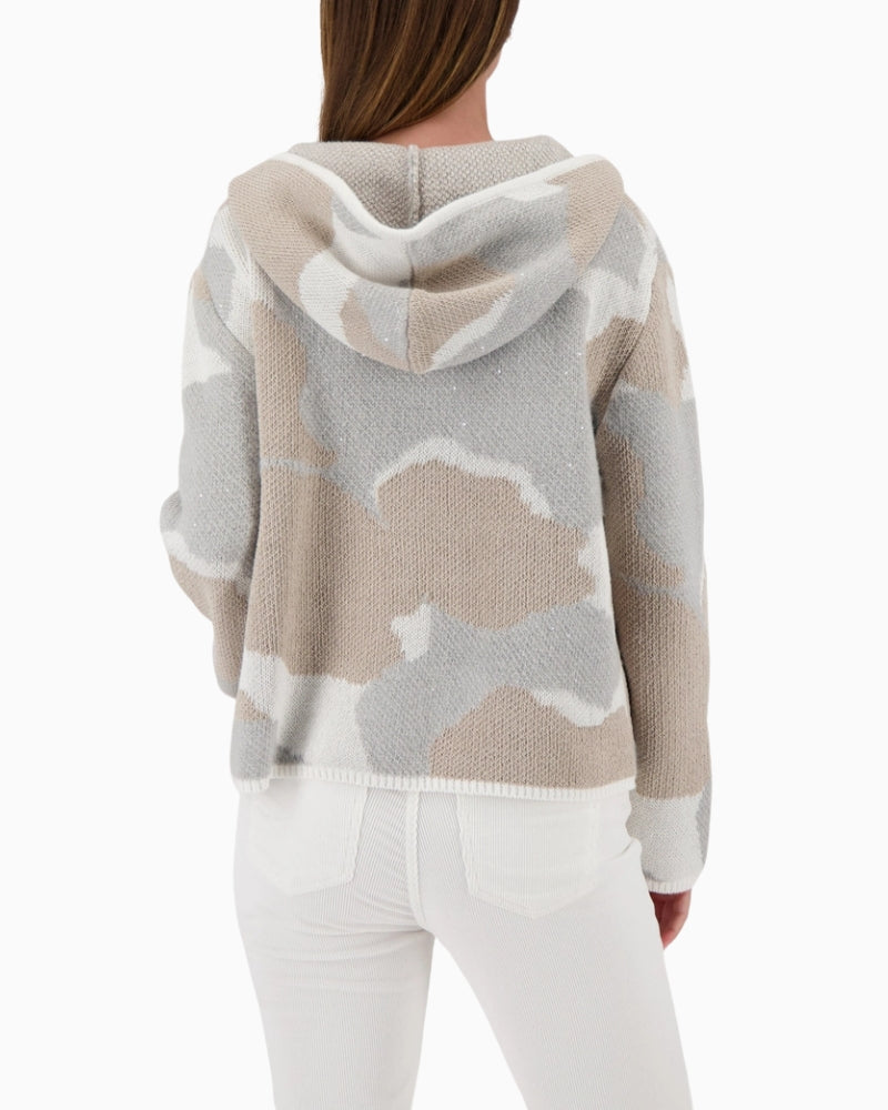 Monari knit sweater with cloud pattern back view on woman wearing it – Áines Boutique