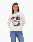 Beige long sleeve top by Monari with soft collage print