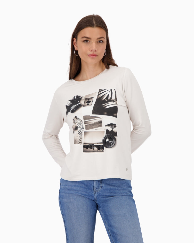 Beige long sleeve top by Monari with soft collage print
