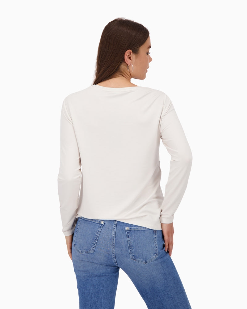 Back view of long sleeve neutral top with regular fit