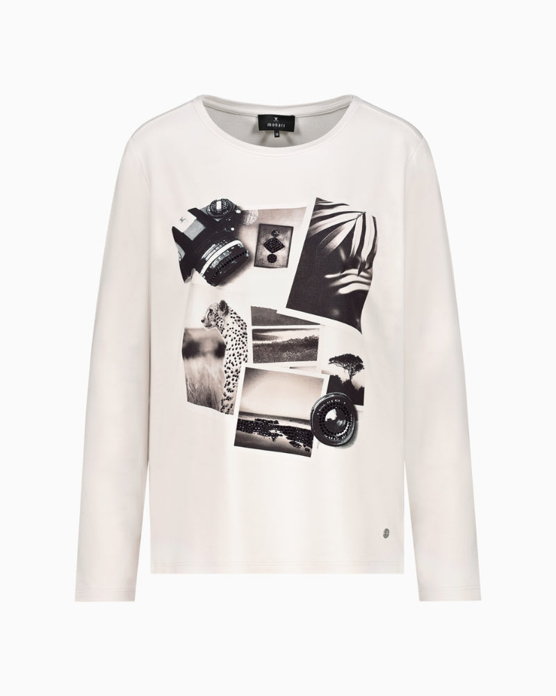 Front view of Monari stretch top showing round neckline and print detail