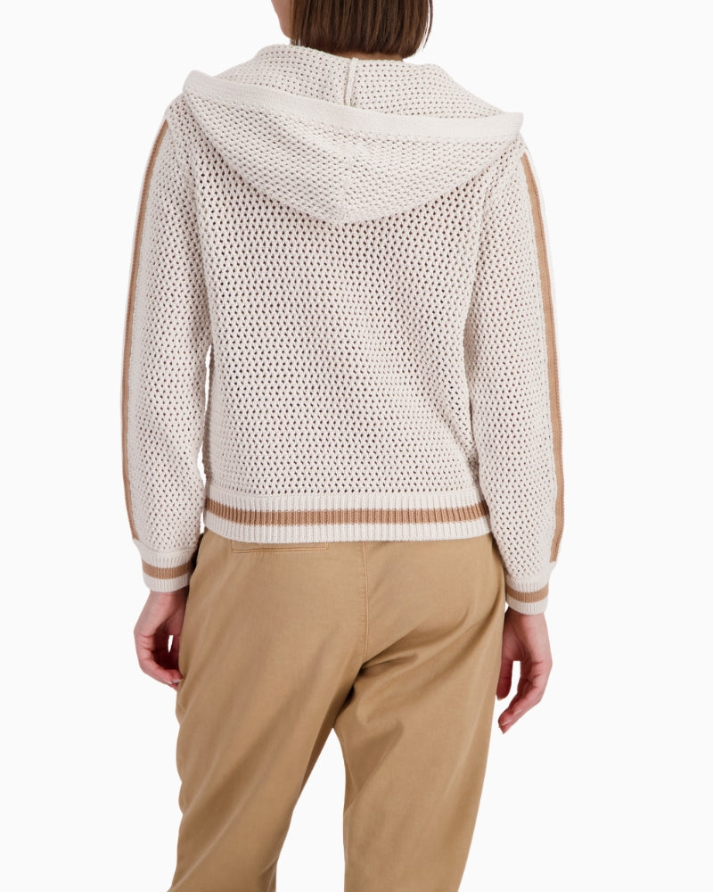 Monari cotton cardigan with ajour structure back view woman wearing – Áines Boutique