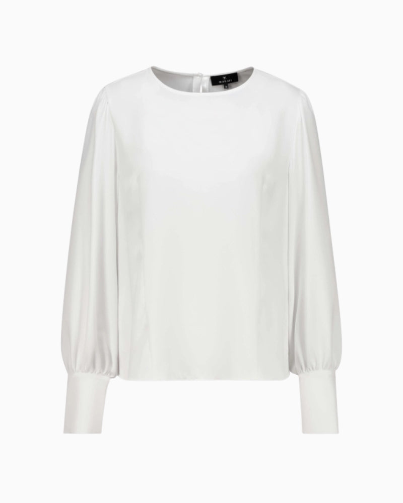 Monari Crêpe Ruffle Blouse in oatmeal showing ruffle detailing