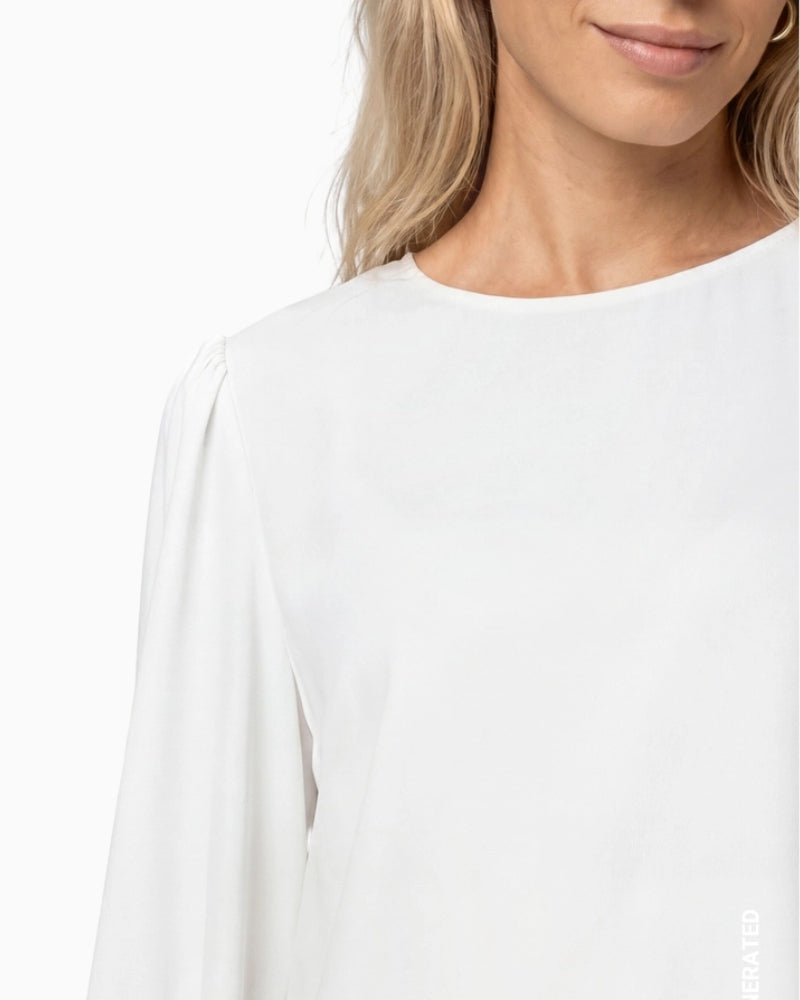 Monari Crêpe Ruffle Blouse in oatmeal showing ruffle detailing