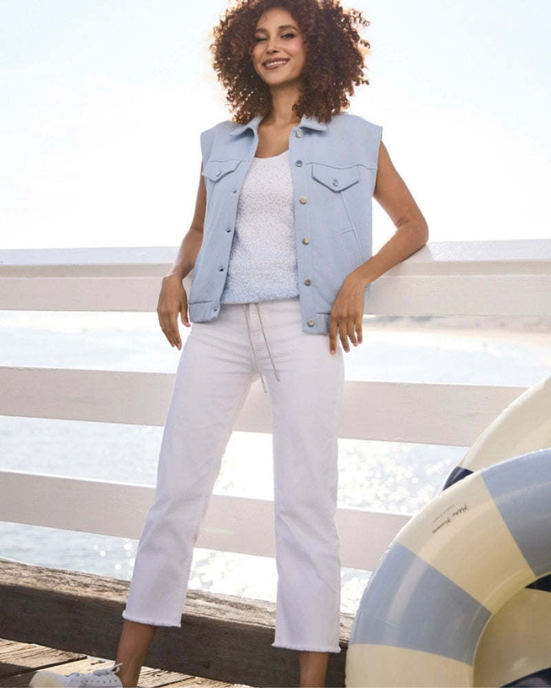 Monari Culotte Jeans with Rhinestone Detailing in cream full length view