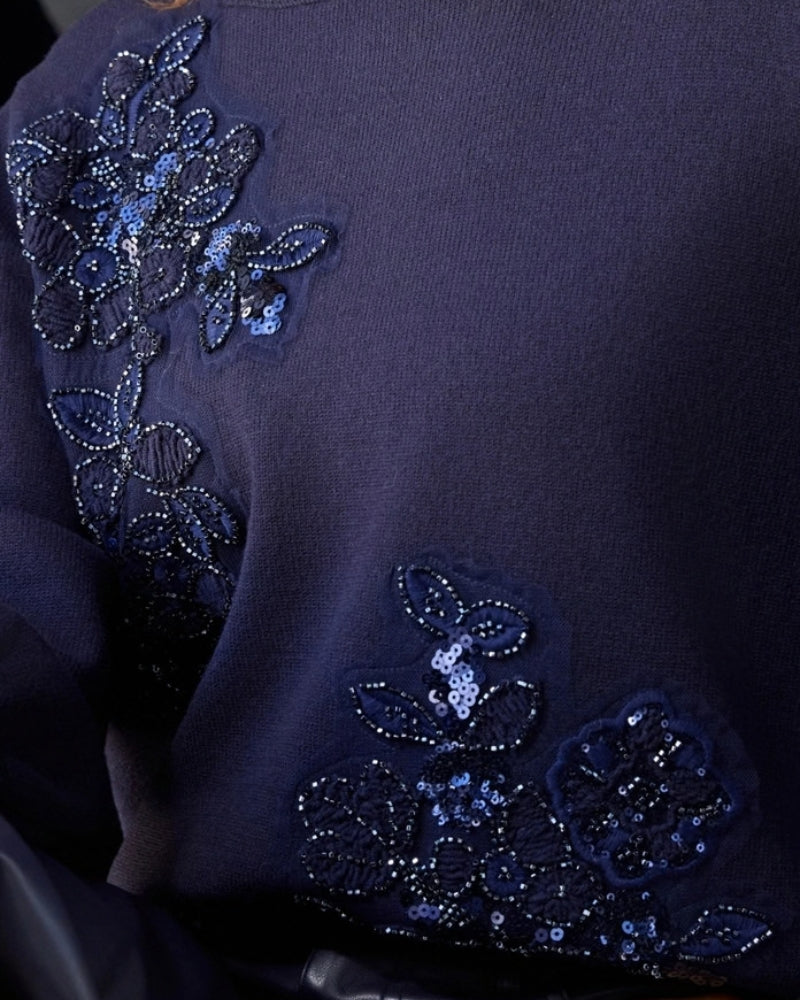 Monari Decorative Applications Jumper in navy jewellery application detail