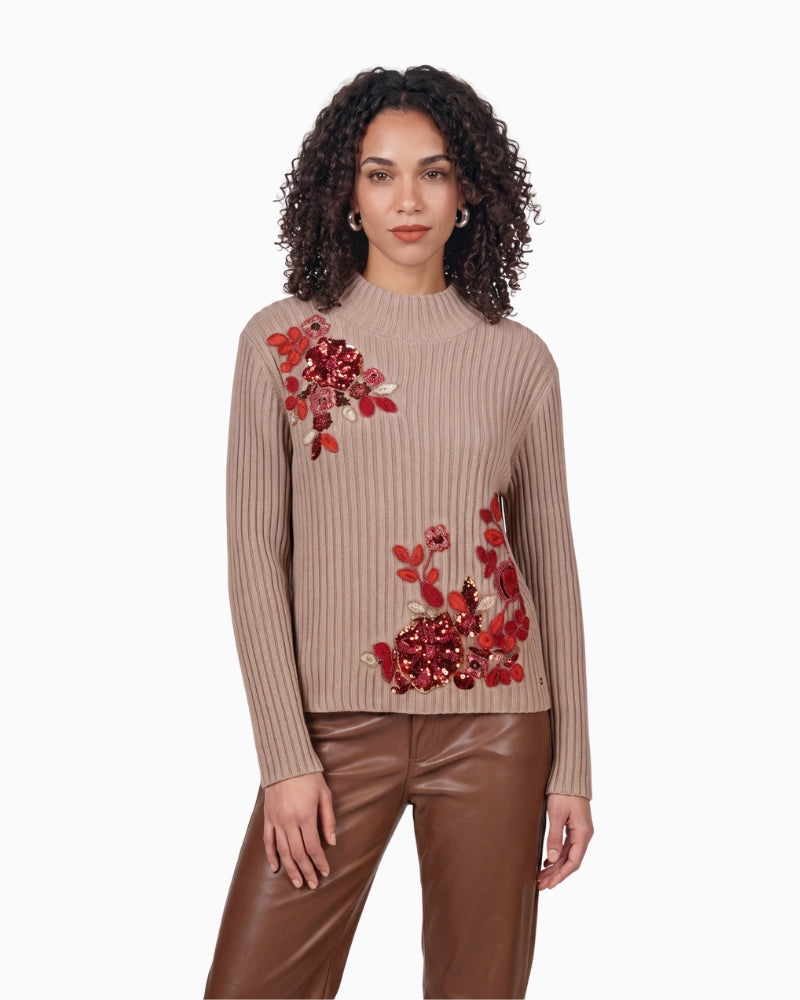 Monari Decorative Appliqué Jumper in Beige front view