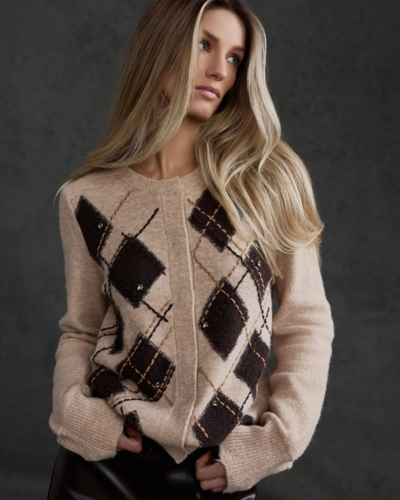 Monari Diamond Cardigan in light beige rhinestone detail
