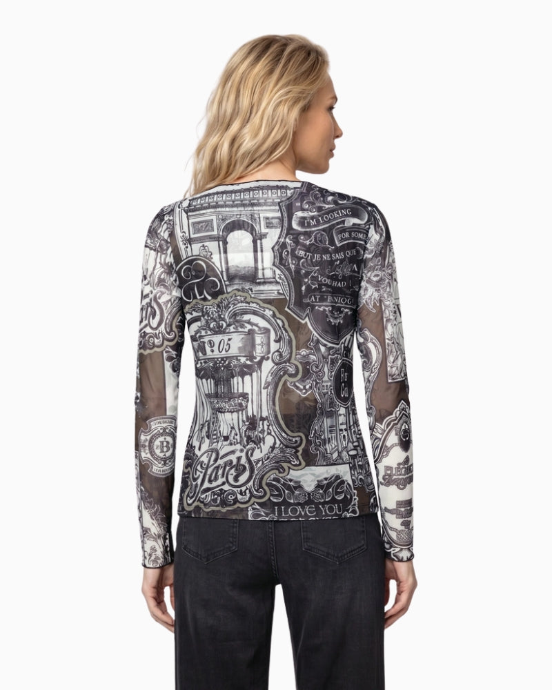 Monari Emblem Print Mesh Top in black print back view