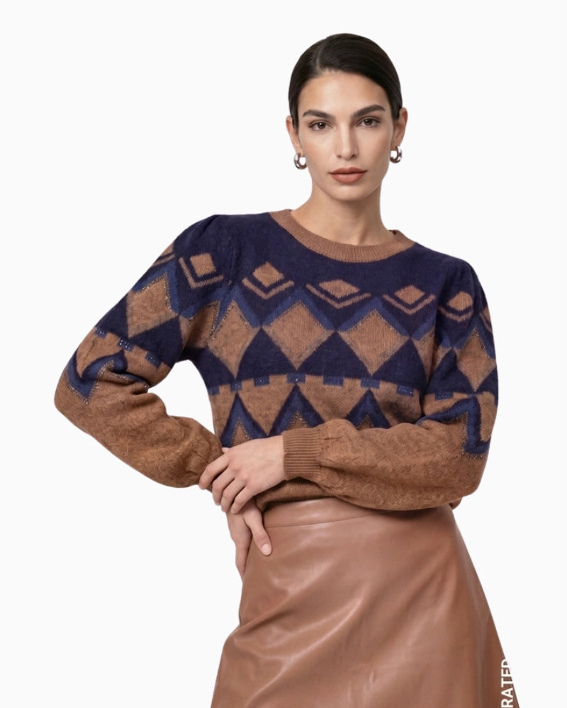 Monari Fair Isle Pattern Jumper in camel front view