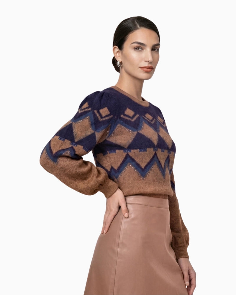 Monari Fair Isle Pattern Jumper in camel side view