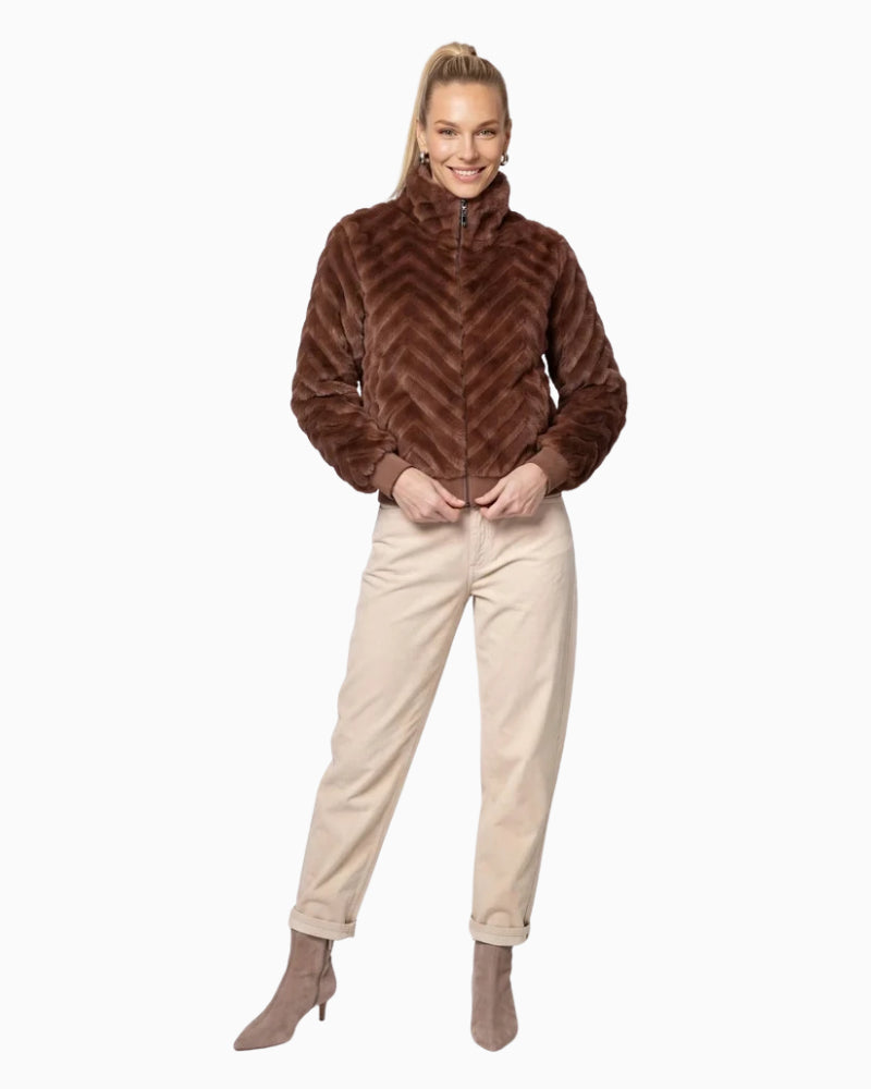Monari Faux Fur Jacket in brown stand-up collar detail