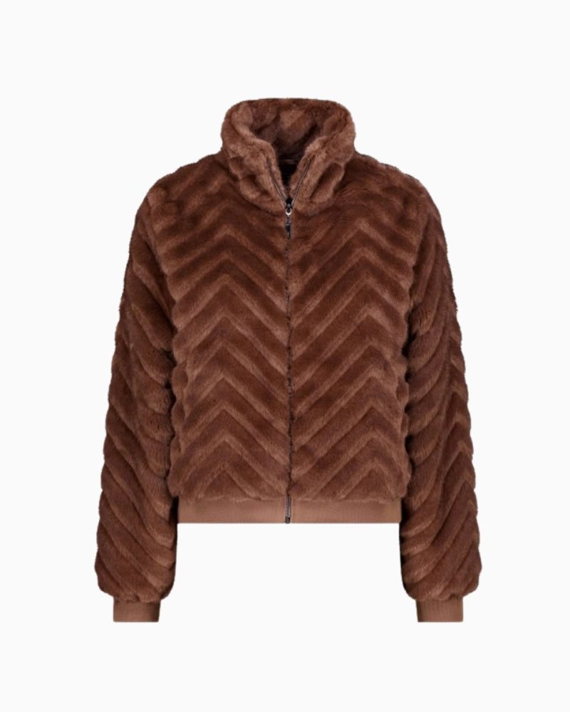 Monari Faux Fur Jacket in brown zigzag pattern detail