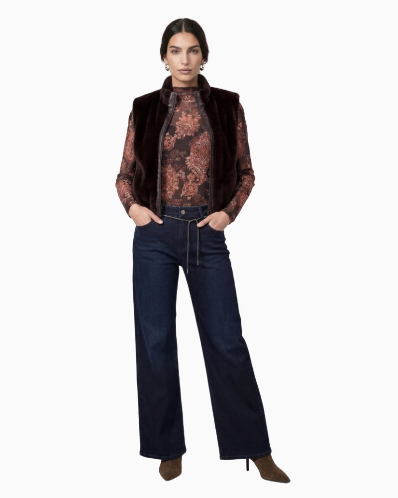 Monari Faux Fur Vest with Stand-Up Collar in dark brown styled view