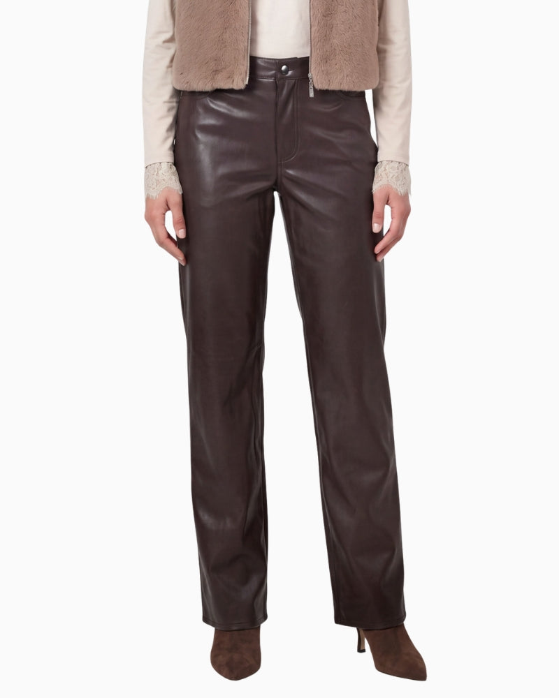 Monari Faux Leather Wide-Leg Trousers in dark brown front view