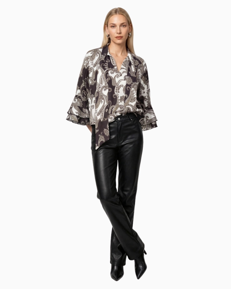 Monari Flared Faux Leather Trousers in Black styled view