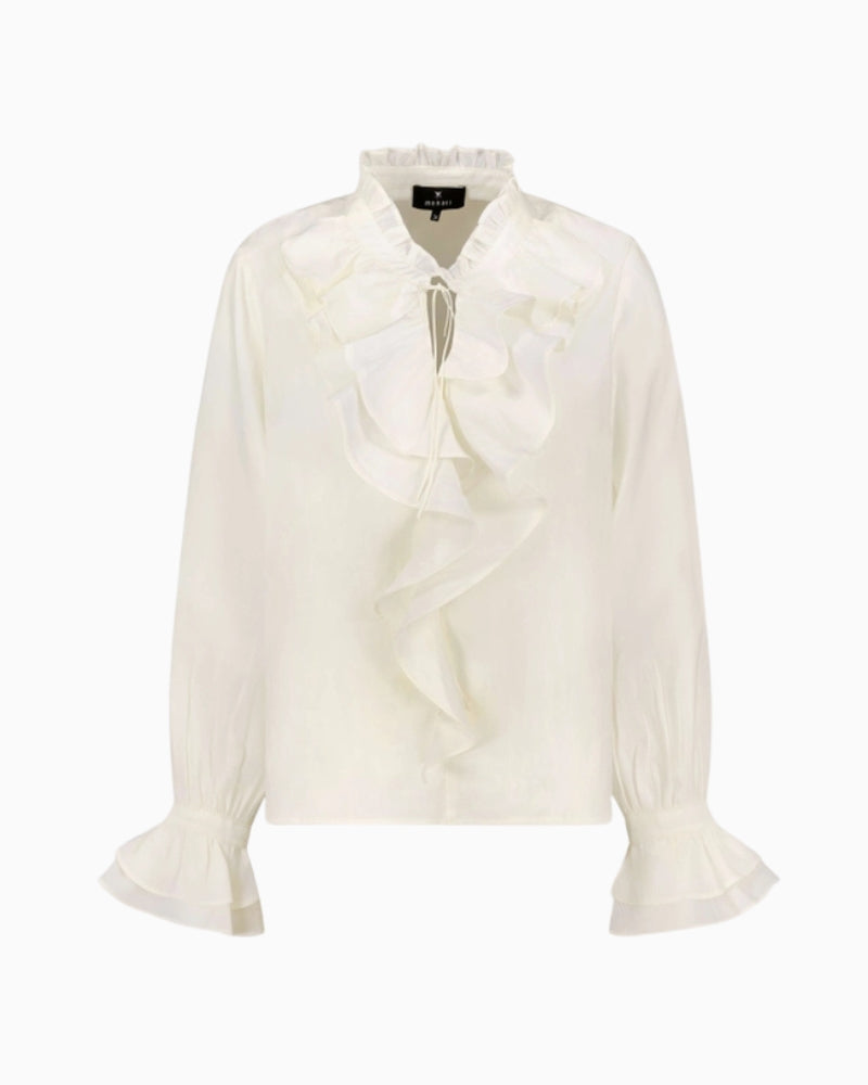 Monari Flounce Blouse in cream collar detail