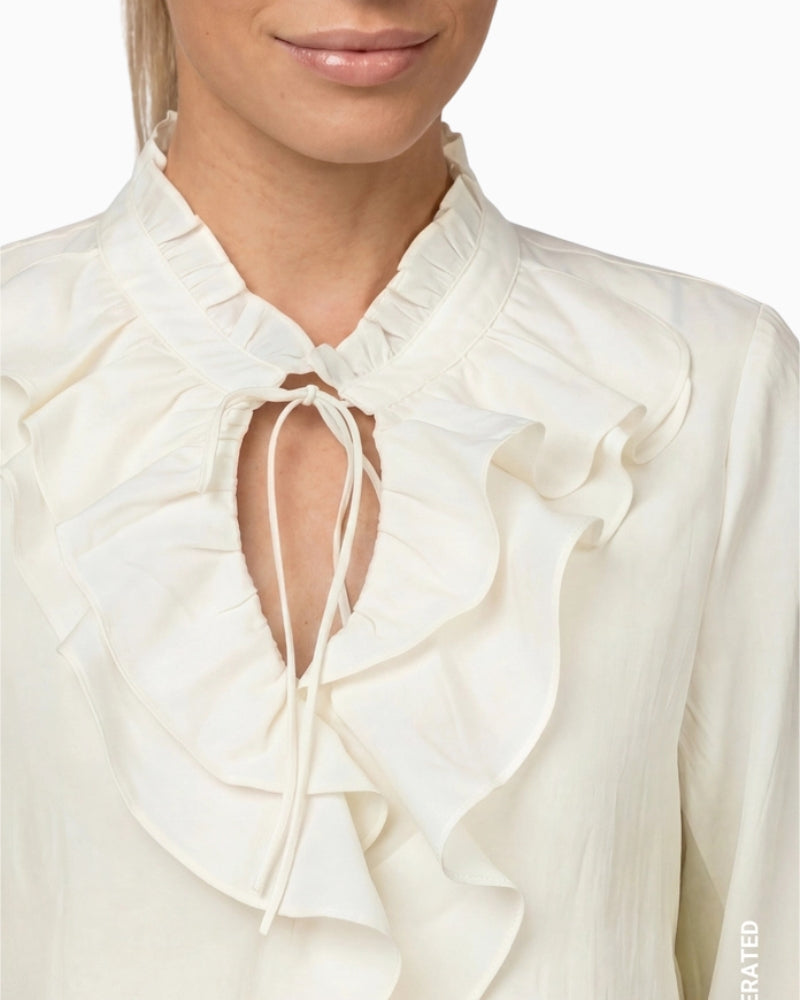 Monari Flounce Blouse in cream drawstring neckline detail