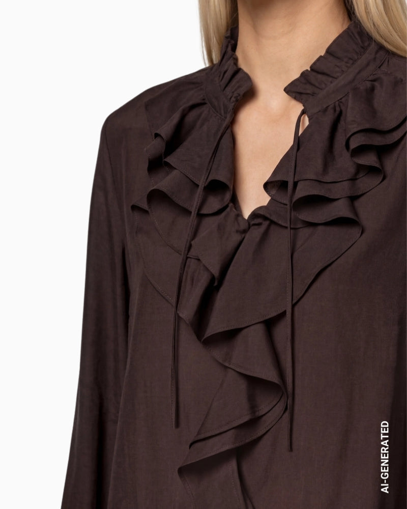 Monari Flounce Blouse in dark brown drawstring neckline detail