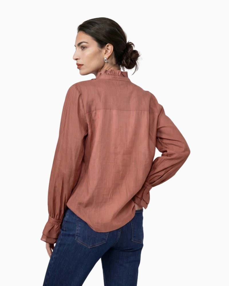 Monari Frill Detail Blouse in light brown back view
