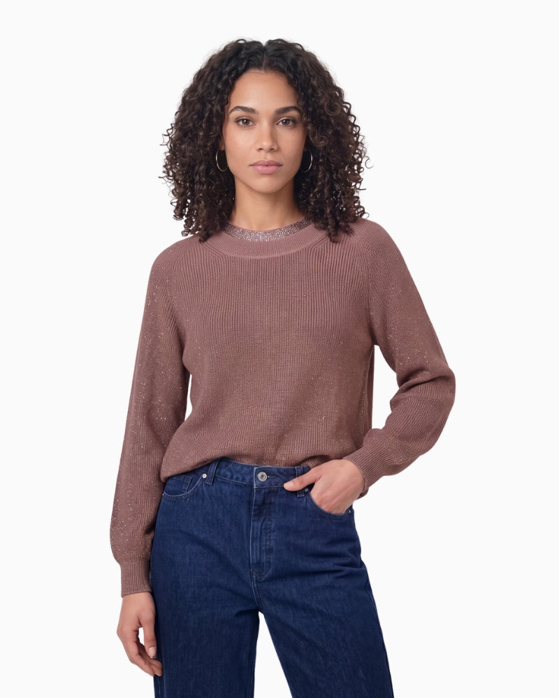 Monari Jumper with Embellished Collar in light brown front view