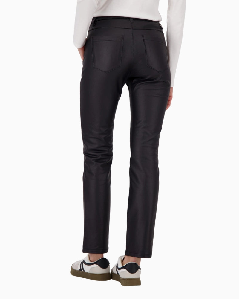 Back view of leather-look trousers with patch pockets