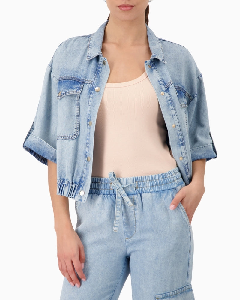 Monari Lightweight Denim Jacket in Light Blue Denim collar detail