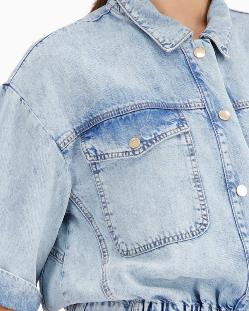 Monari Lightweight Denim Jacket in Light Blue Denim pocket detail