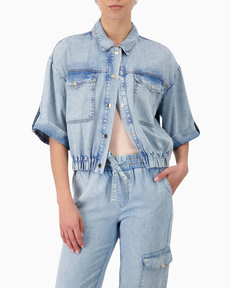 Monari Lightweight Denim Jacket in Light Blue Denim sleeve detail