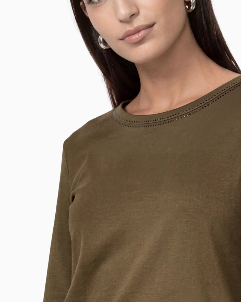 Monari Long Sleeve Shirt in olive with rhinestone neckline detail