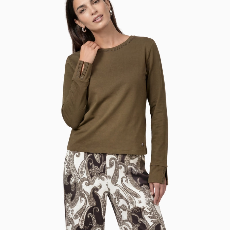 Monari Long Sleeve Shirt with Rhinestone Details in Olive front view