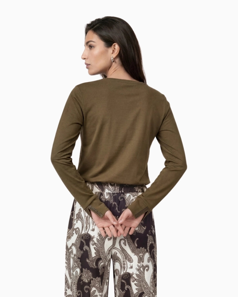 Monari Long Sleeve Shirt with Rhinestone Details in olive back view