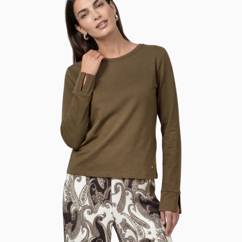 Monari Long Sleeve Shirt with Rhinestone Details in olive front view