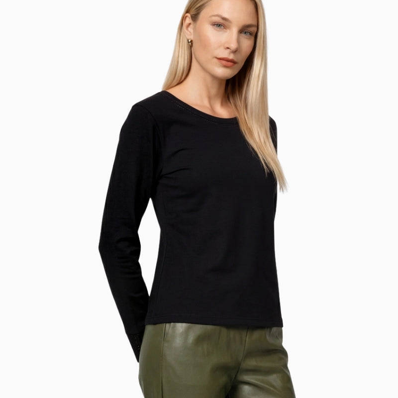 Monari Long Sleeve Top with Rhinestone Details in black front view