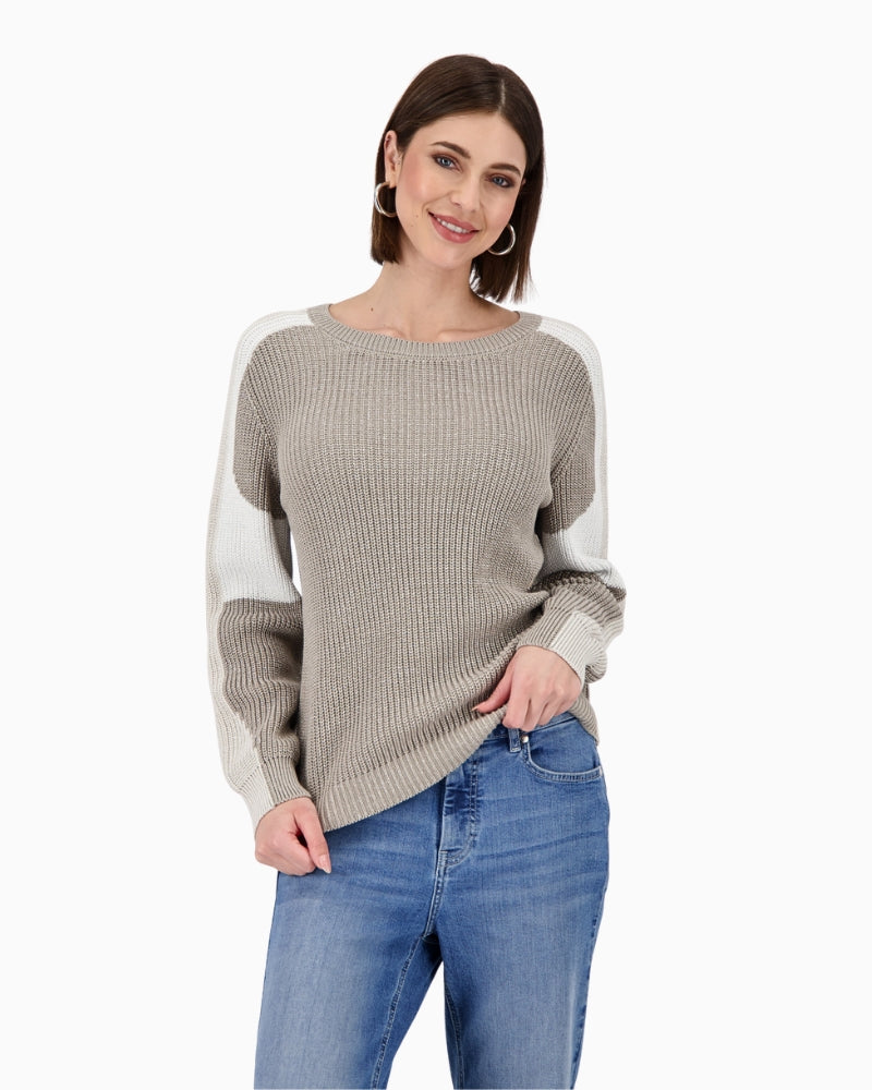Front view of Monari colourblock jumper in grey with glittering lurex and round neckline